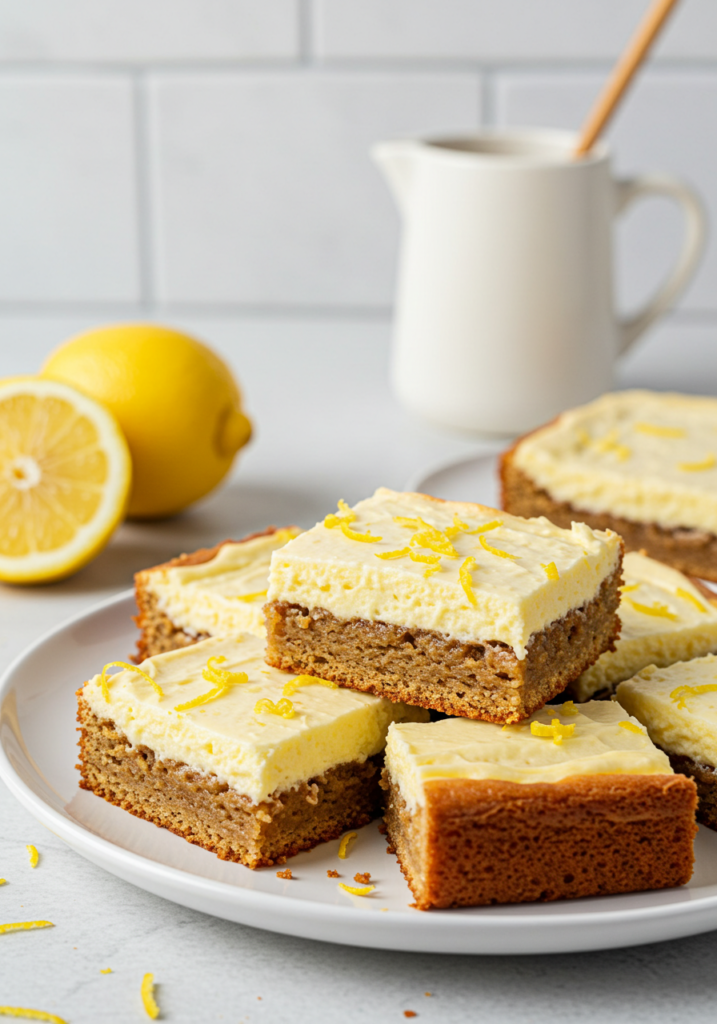 Close-up of lemon cream cheese brownies with a creamy top layer, garnished with lemon zest.