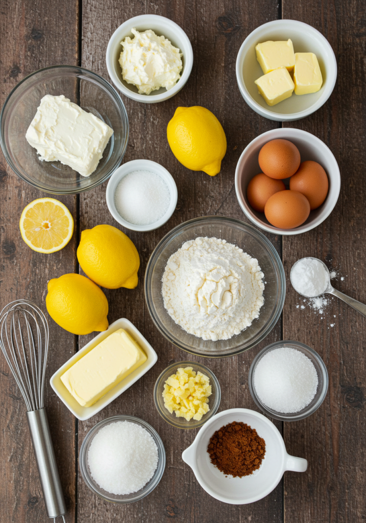 Flat lay of cream cheese, lemons, eggs, butter, flour, and sugar for lemon cream cheese brownies.