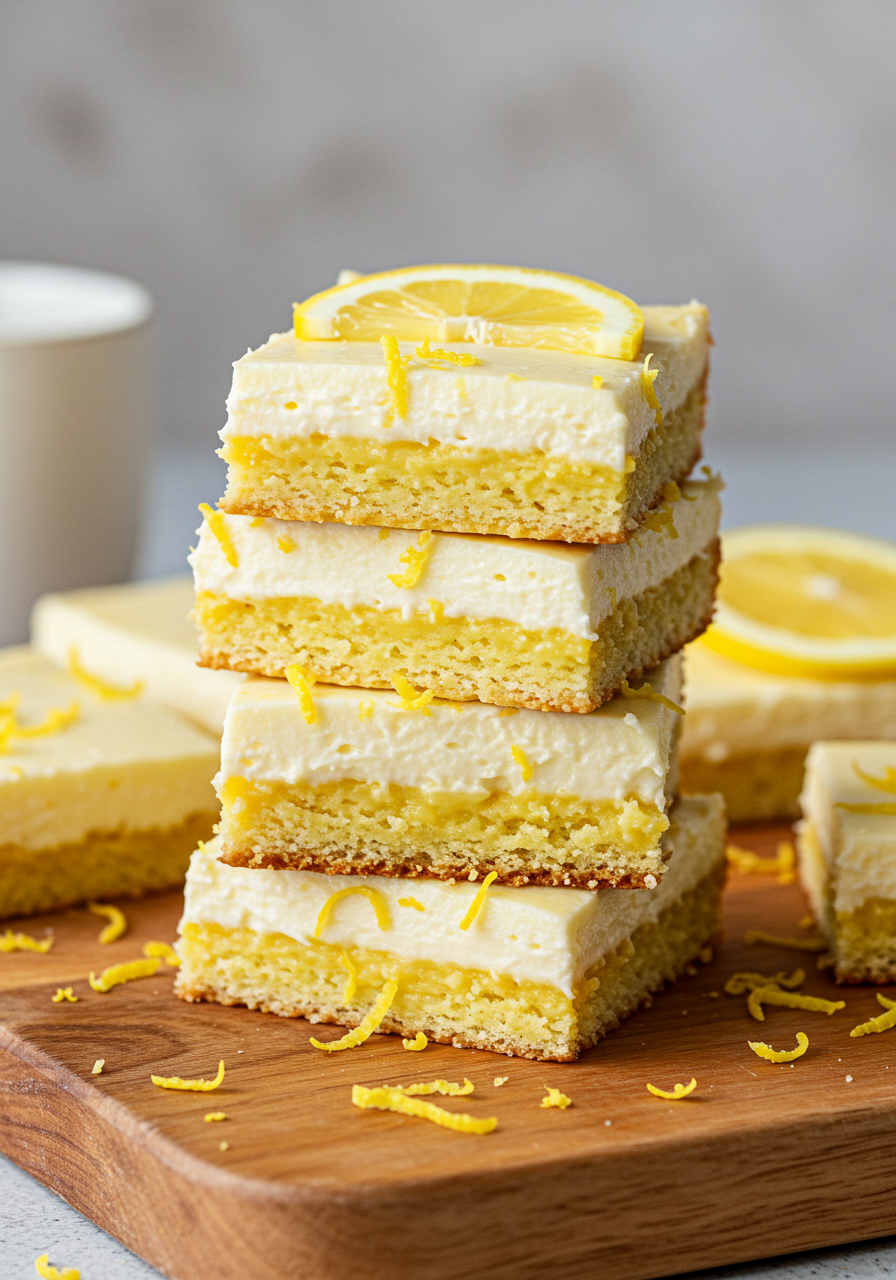 A stack of lemon cream cheese brownies showing their golden base and creamy lemon layer.