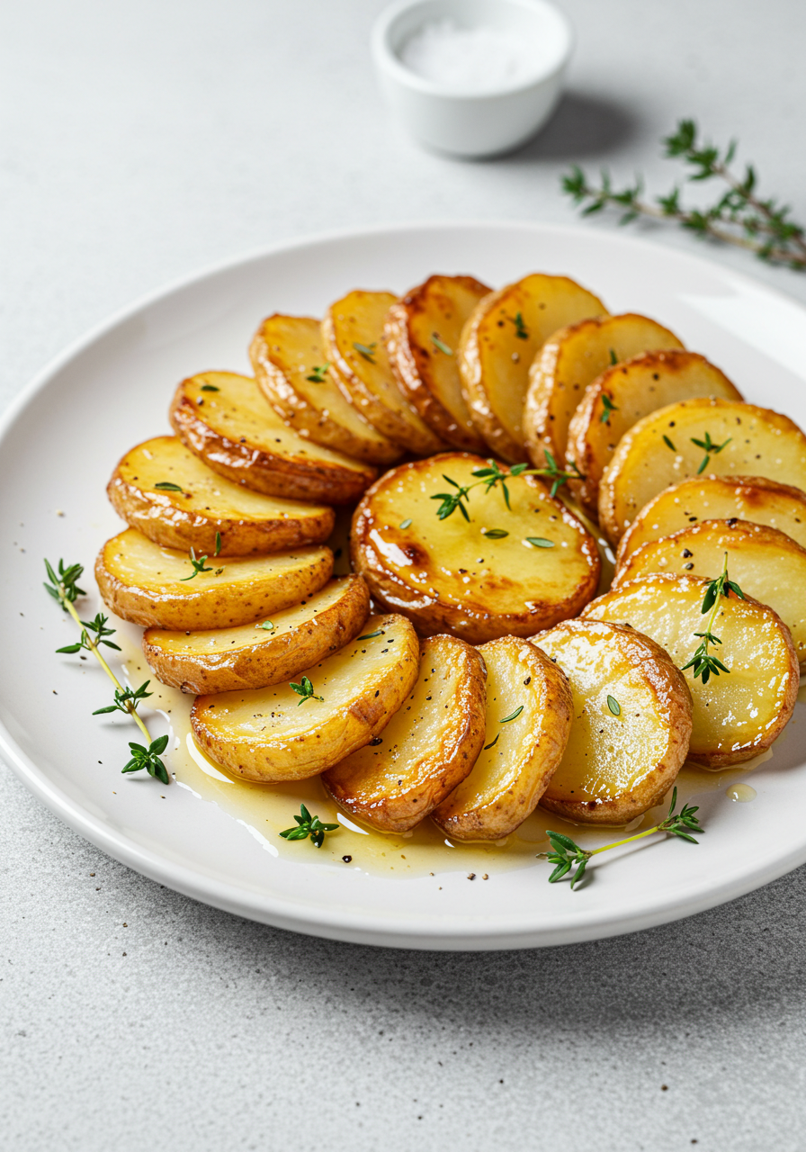 Fondant potatoes with a crispy top, buttery sauce, and thyme garnish on a white plate.