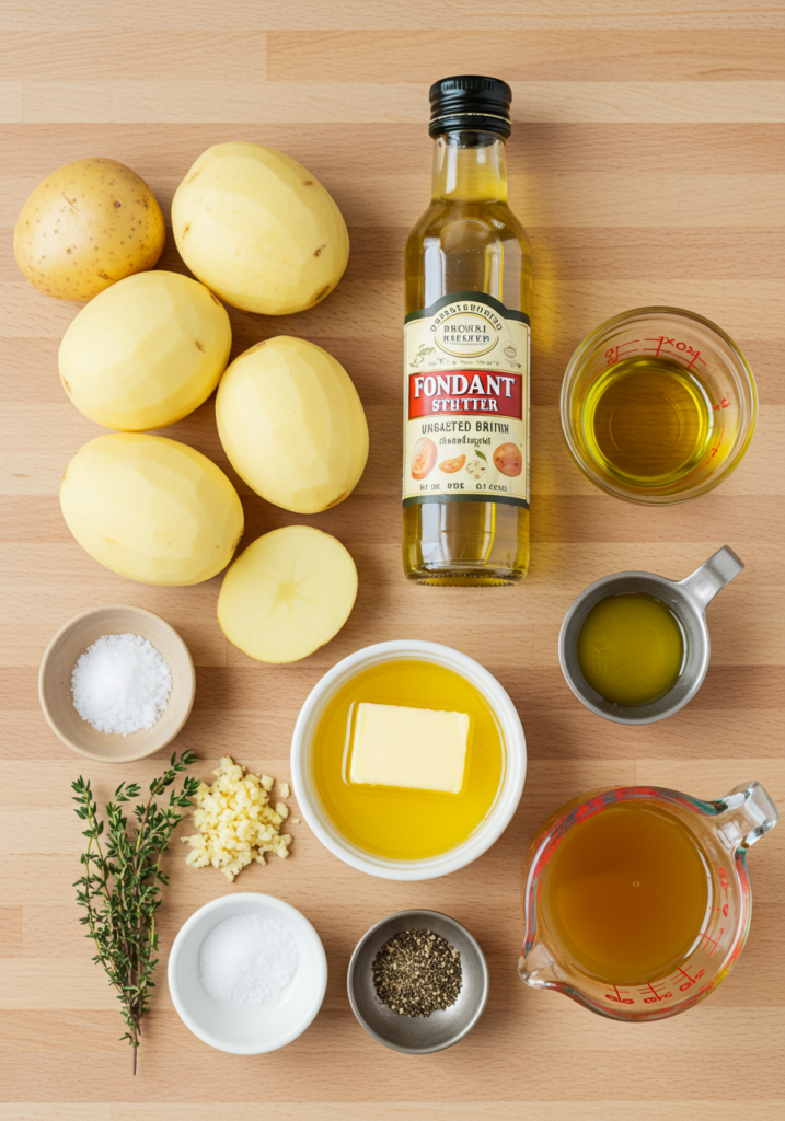 Ingredients for fondant potatoes including Yukon Gold potatoes, butter, olive oil, garlic, salt, pepper, chicken broth, and fresh thyme.