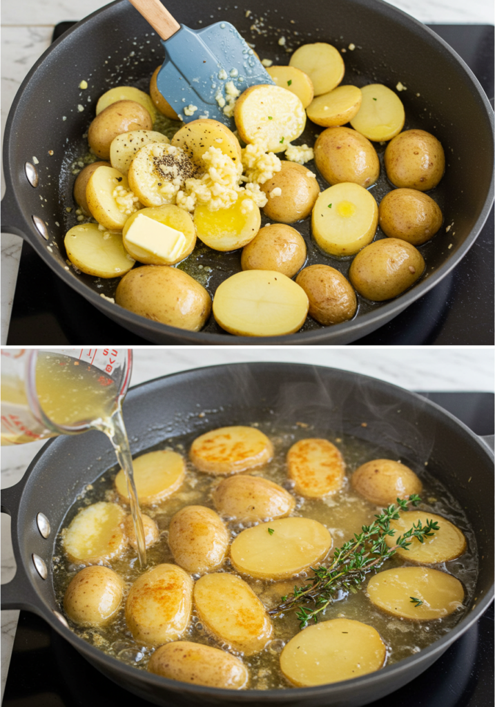 A three-step process for fondant Melting potatoes recipe: seasoning, searing, and adding broth in a skillet.