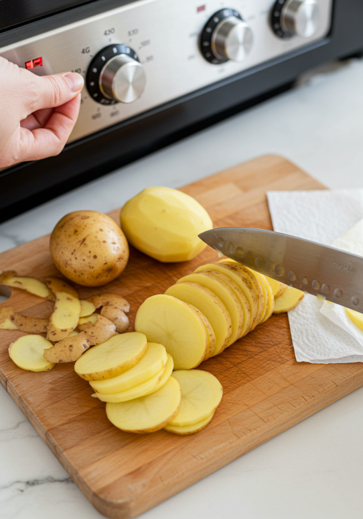 Preheating the oven and slicing Yukon Gold potatoes into rounds for fondant potatoes.
