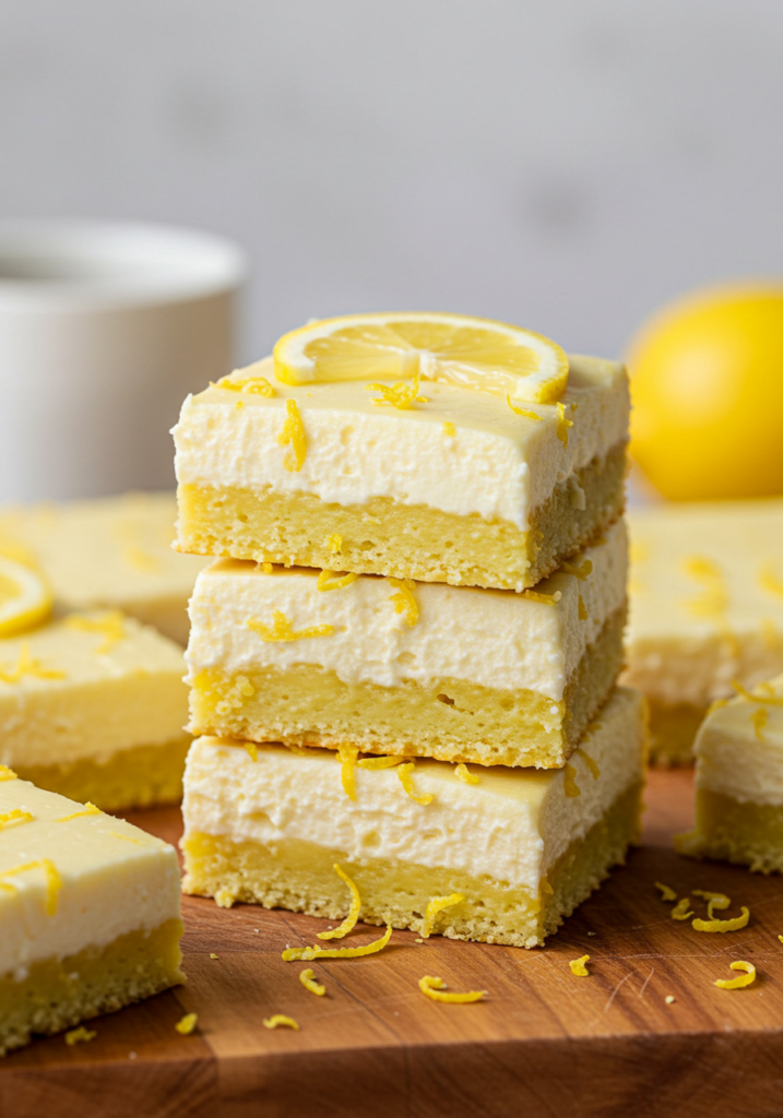 A stack of lemon cream cheese brownies featuring a buttery, golden base, creamy lemon layer, and lemon zest garnish.