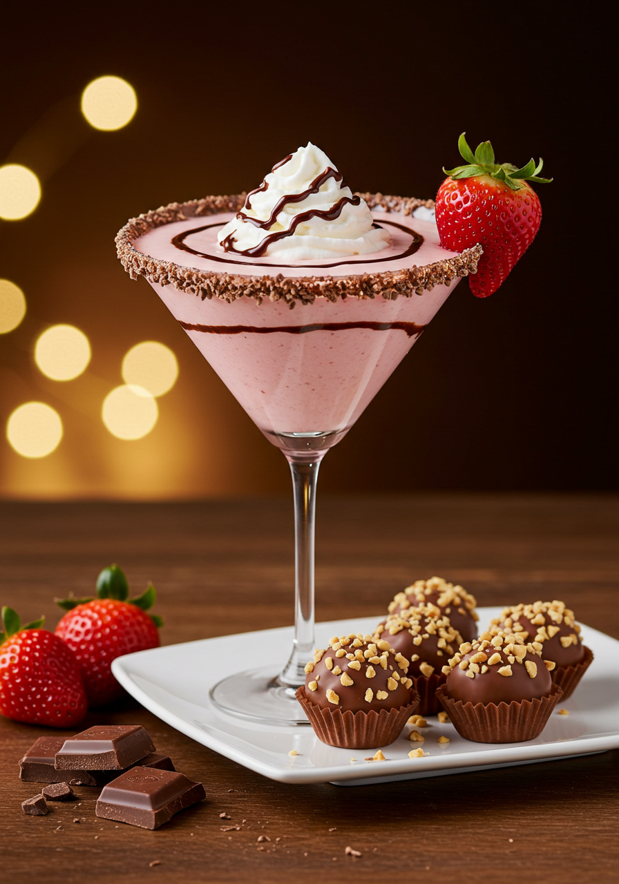 A beautifully garnished Valentine's Day Pink Mudslide cocktail surrounded by rose petals and lit candles.