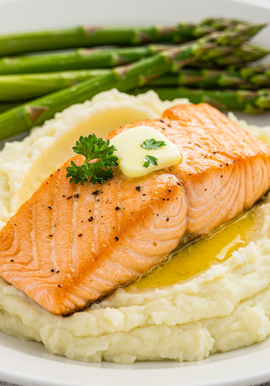 A close-up of perfectly seared salmon topped with melted butter, resting on creamy mashed potatoes and paired with asparagus.