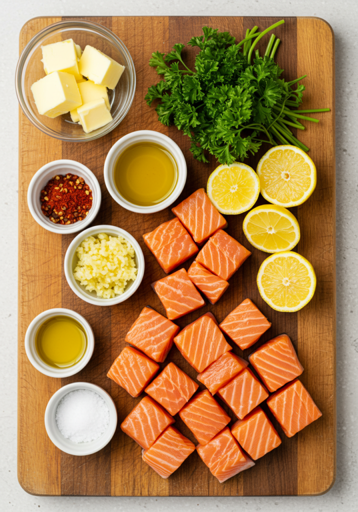 Freshly prepared ingredients for garlic butter salmon bites, including salmon cubes, butter, garlic, olive oil, paprika, salt, pepper, lemon, and parsley.