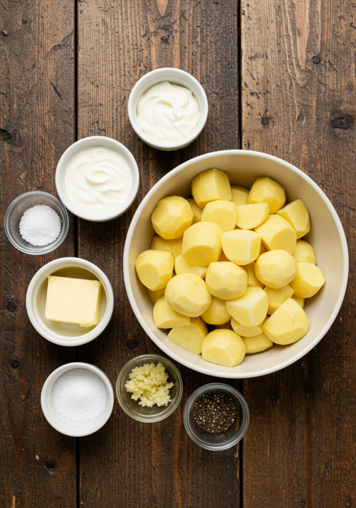 Fresh ingredients for creamy mashed potatoes, including peeled and cubed potatoes, heavy cream, butter, minced garlic, salt, and black pepper.