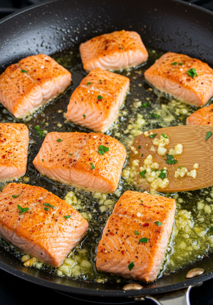 Large garlic butter salmon bites being cooked in a skillet, seasoned and coated in a rich garlic butter sauce.