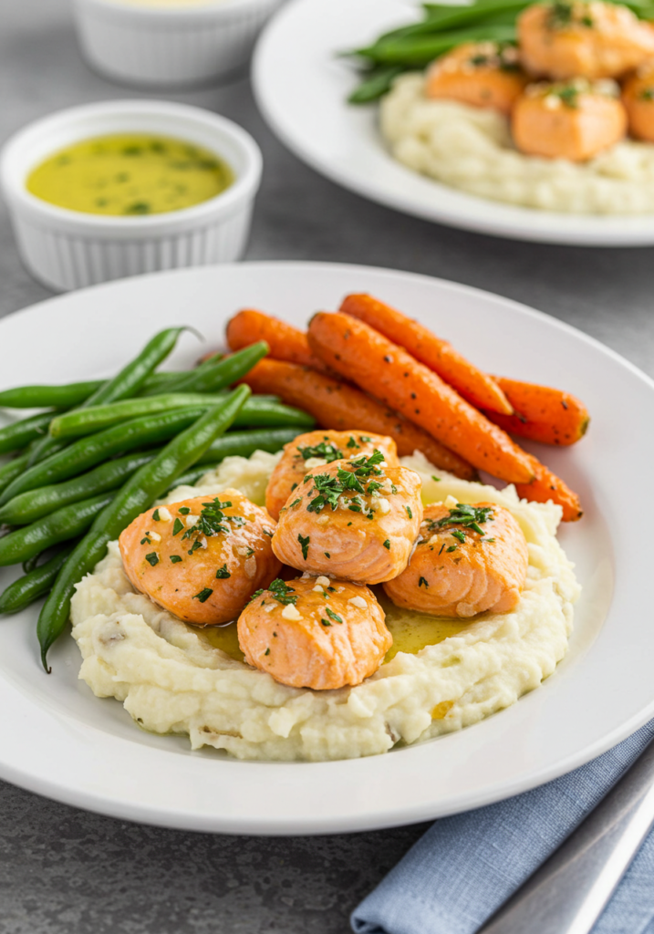  A plated dish of garlic butter salmon bites with creamy mashed potatoes and vegetables, showcasing its appeal.