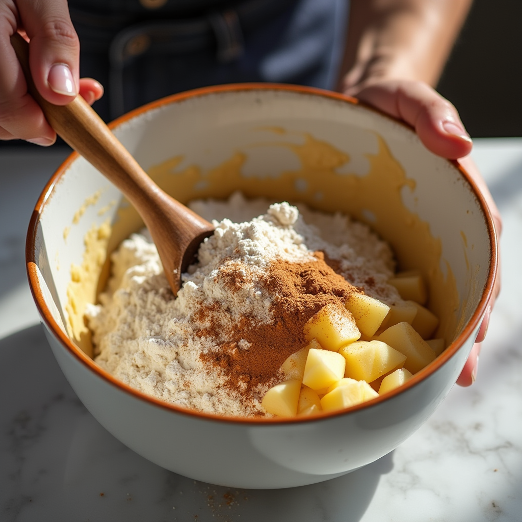 Mixing apple fritter batter with cinnamon and diced apples.