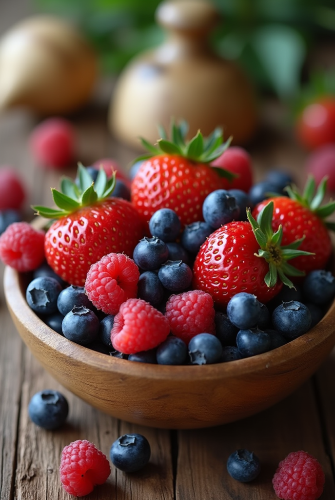 Fresh strawberries, blueberries, and raspberries in a wooden bowl
