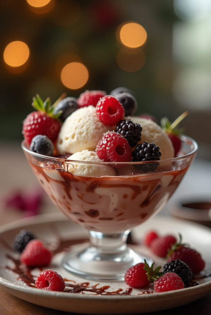 Dessert bowl with ice cream, berries, and chocolate drizzle, ready to eat