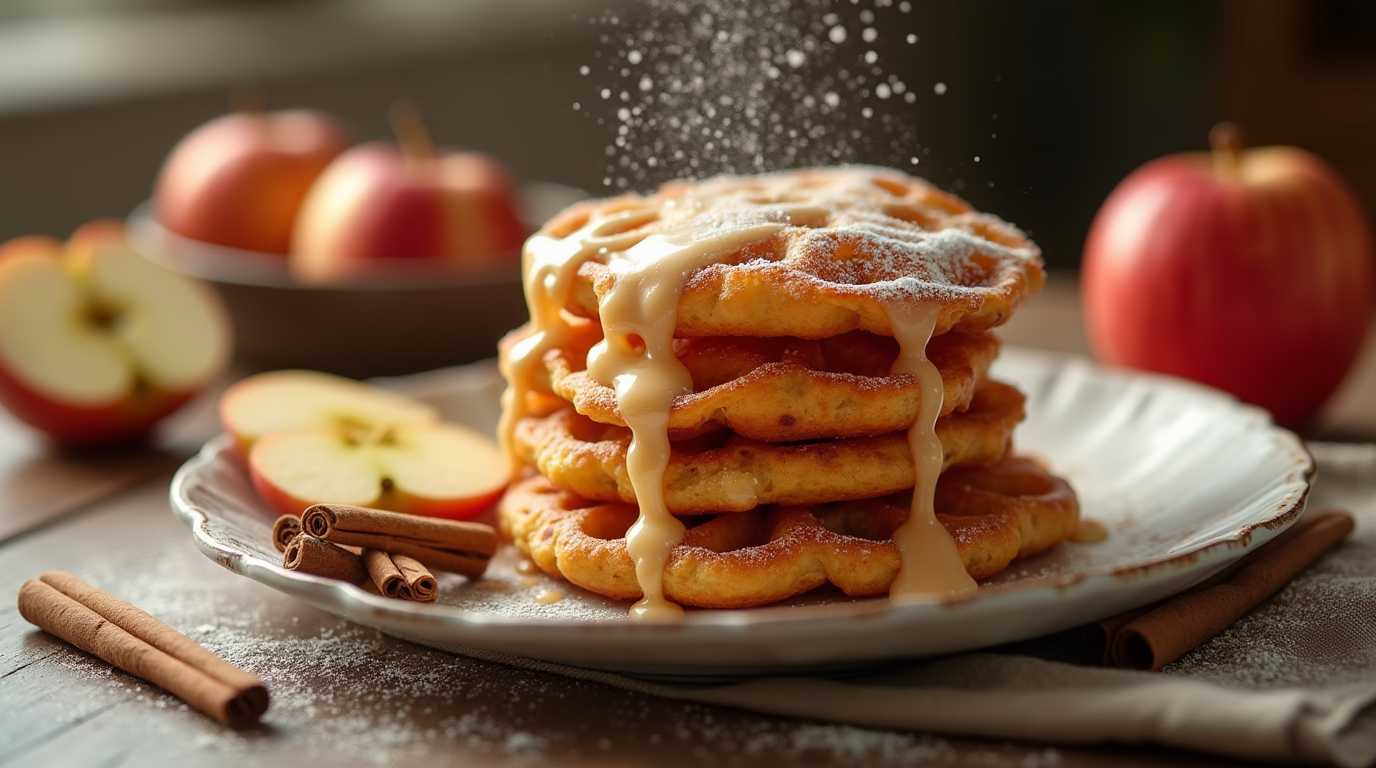 Golden baked apple fritters with glaze on a rustic plate – easy homemade dessert.