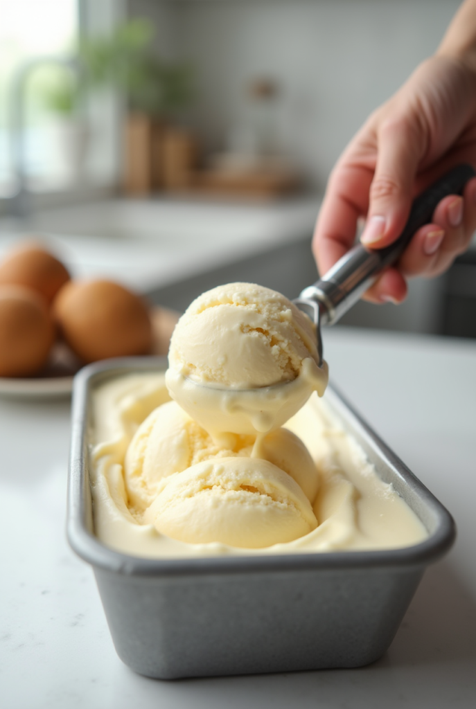 Hand scooping creamy vanilla ice cream from a tub