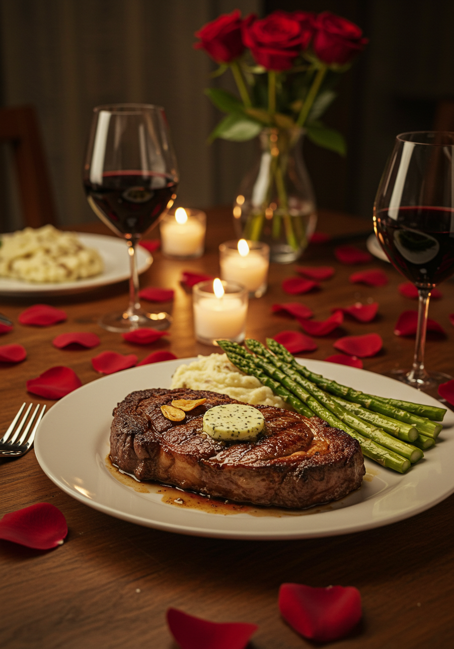 A candlelit dinner scene with two perfectly seared air fryer ribeye closup steaks (juicy, medium-rare) and crispy cacio e pepe smashed potatoes. Garnish with fresh rosemary sprigs and grated Parmesan. A glass of red wine and a linen napkin on a dark wooden table. Soft, warm lighting with a shallow depth of field. Style: Romantic food photography, Valentine’s theme, rustic elegance.