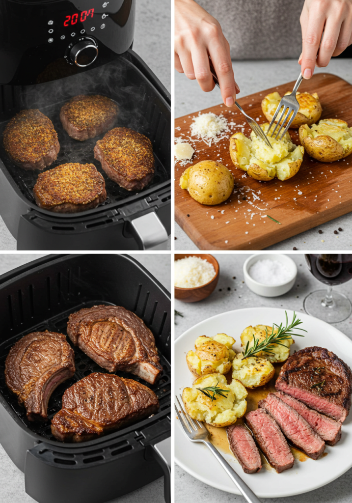 A candlelit dinner scene with two perfectly seared air fryer ribeye closup steaks (juicy, medium-rare) and crispy cacio e pepe smashed potatoes. Garnish with fresh rosemary sprigs and grated Parmesan. A glass of red wine and a linen napkin on a dark wooden table. Soft, warm lighting with a shallow depth of field. Style: Romantic food photography, Valentine’s theme, rustic elegance.