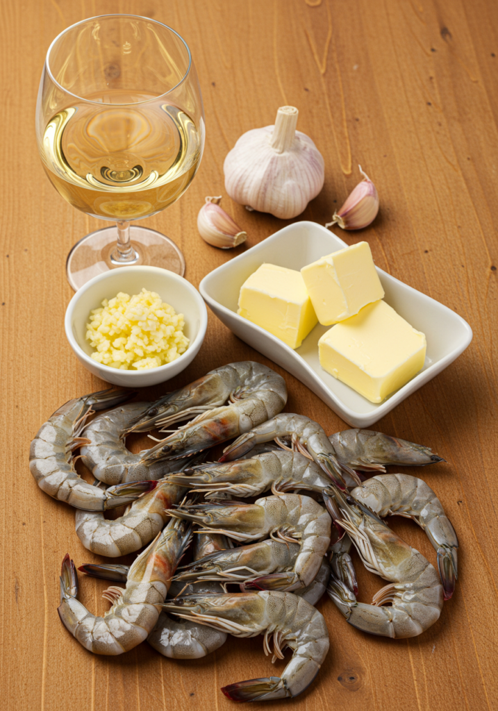 A wooden cutting board with raw shrimp, minced garlic, a halved lemon, butter cubes, parsley, and a glass of white wine.