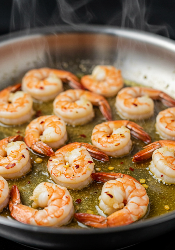 Plump shrimp turning pink as they cook in a pan with bubbling garlic butter sauce and red pepper flakes.