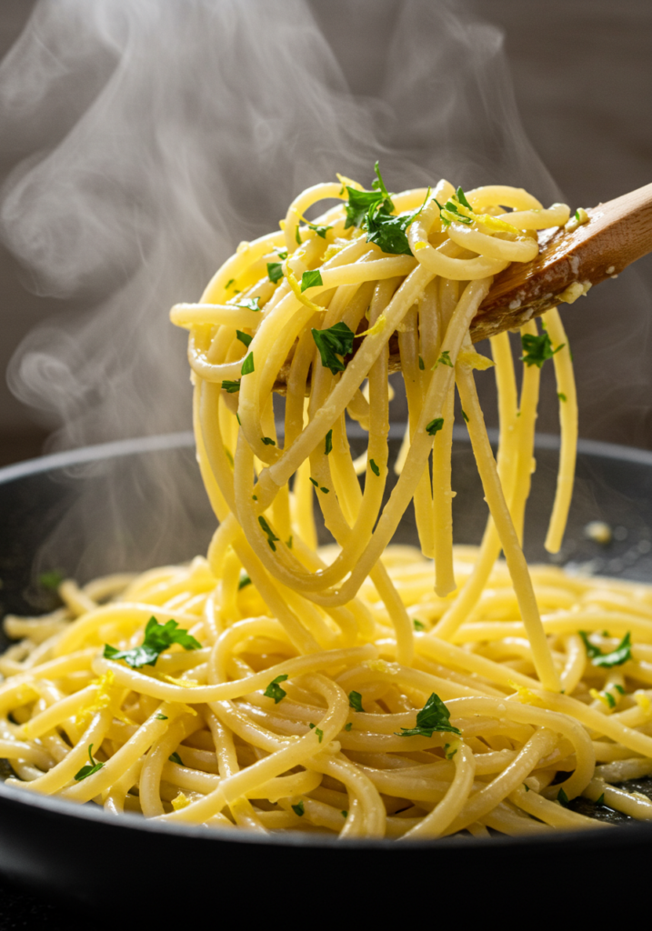 A chef using tongs to lift steaming linguine, coated in a glossy garlic butter sauce, in a pan.