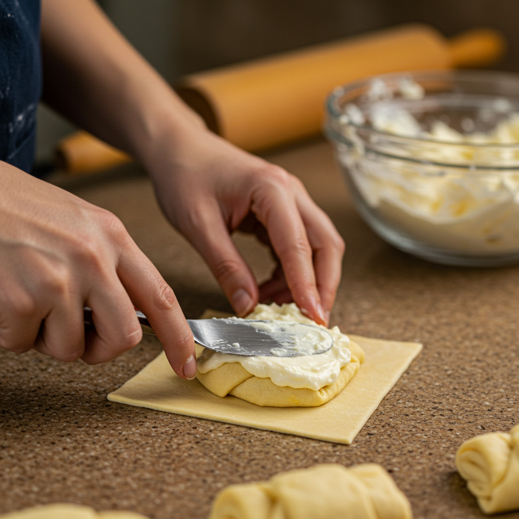 Flaky cream cheese Danish on white plate,