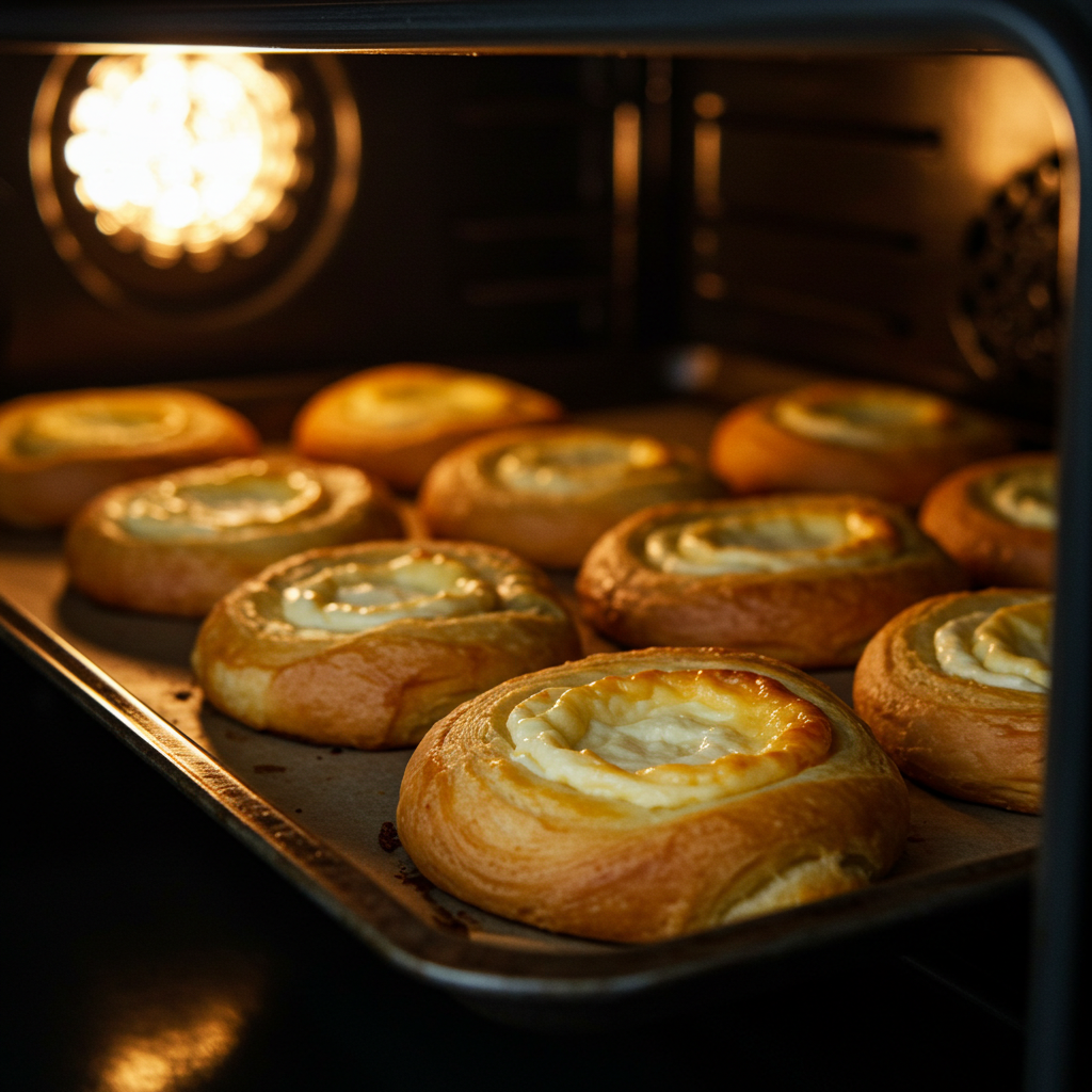 Flaky cream cheese Danish on white plate,