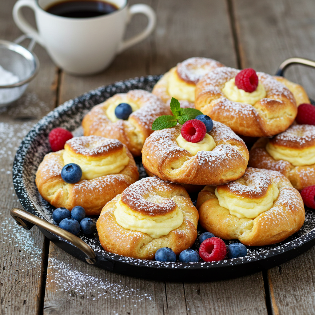 Flaky cream cheese Danish on white plate,
