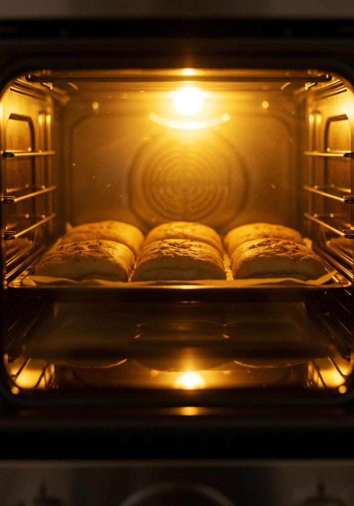 Italian Sub Squares Recipe: An insider's view of the appetizer baking in the oven, with cheese melting and rolls browning to perfection.