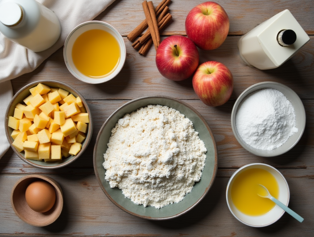 Fresh ingredients for baked apple fritters recipe: apples, cinnamon, flour, and sugar.