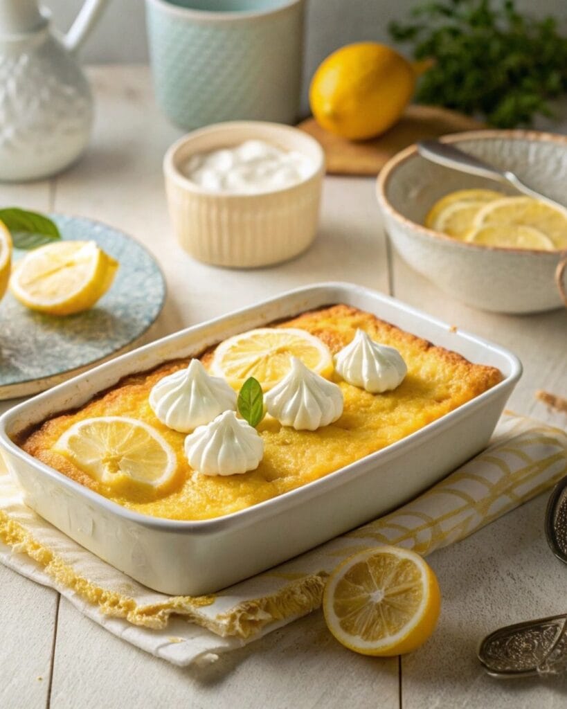 Slices of lemon cream cheese dump cake garnished with whipped topping.