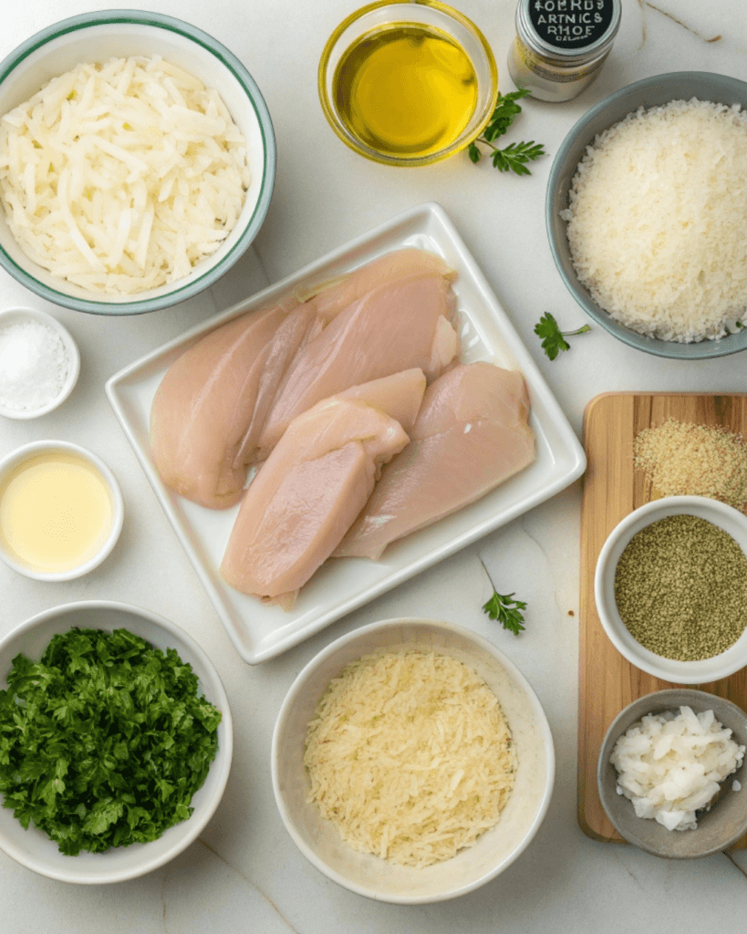 Ingredients for Creamy Angel Chicken Rice Casserole laid out in a US kitchen