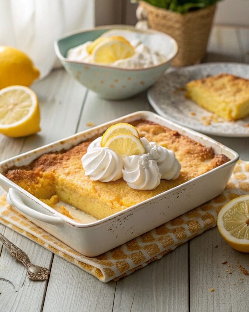 Golden brown lemon dump cake fresh from the oven.