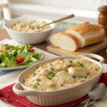 Creamy Angel Chicken Rice Casserole with melted cheese and parsley, served in a US-style kitchen
