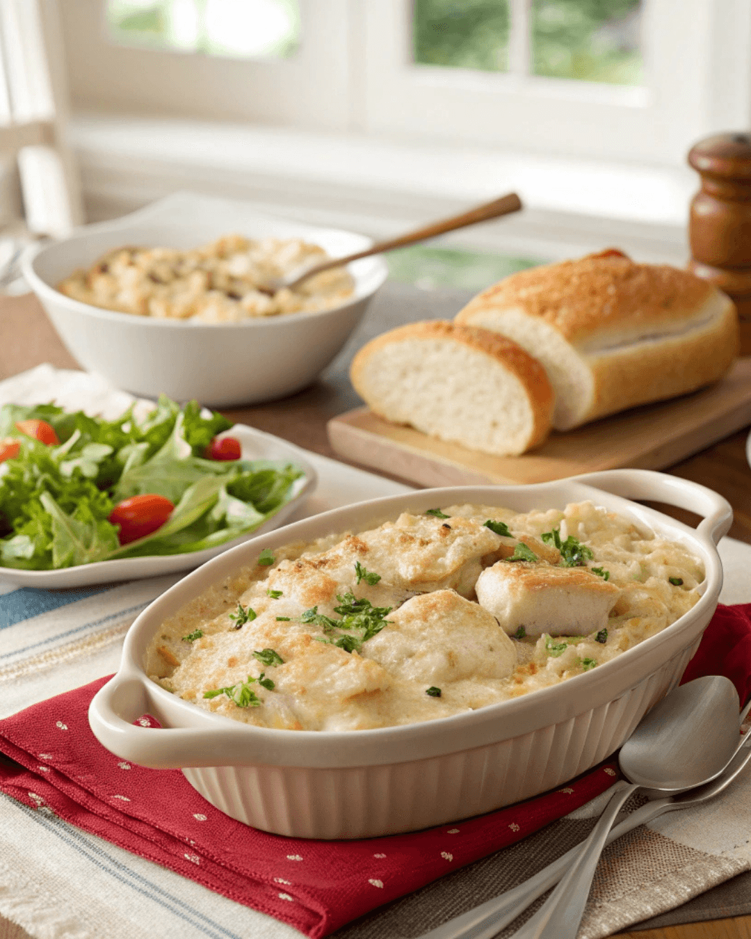 Creamy Angel Chicken Rice Casserole with melted cheese and parsley, served in a US-style kitchen
