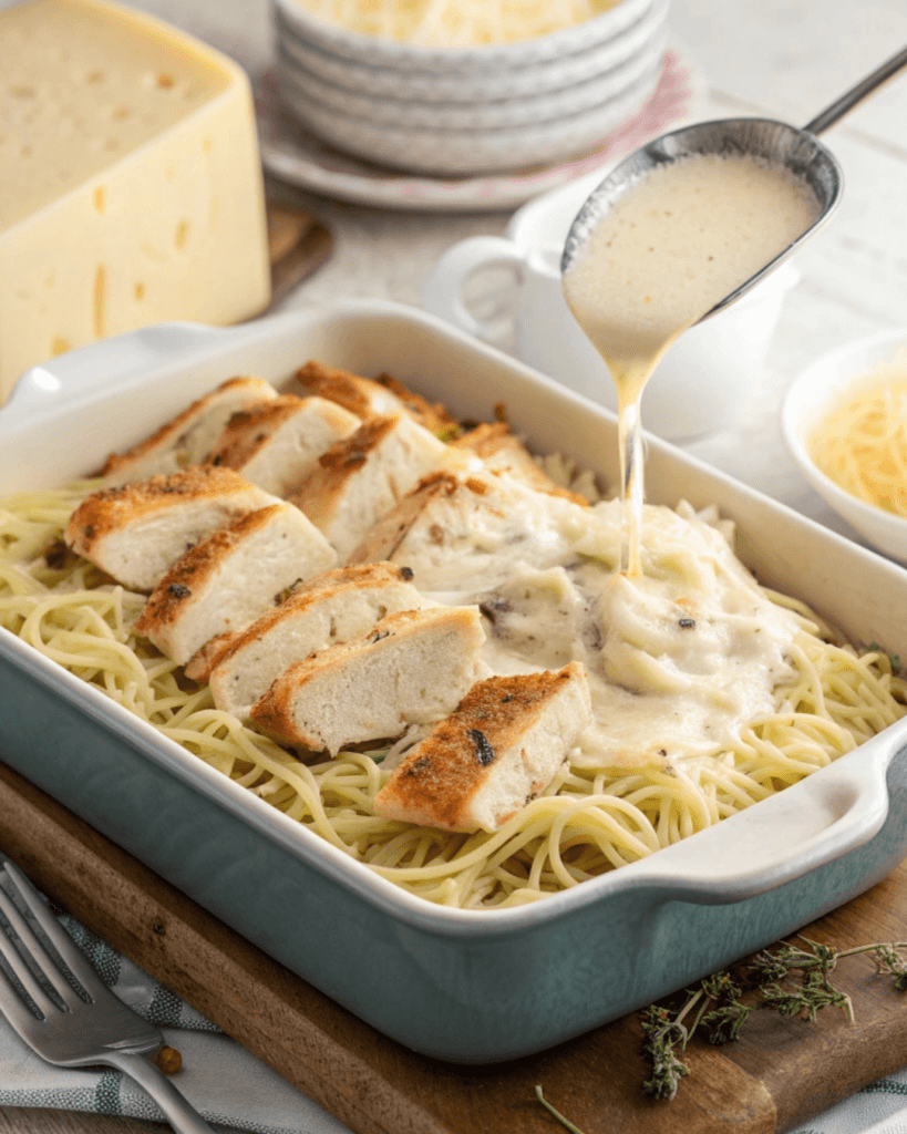 Baked Creamy Angel Chicken Rice Casserole with melted cheese and parsley, ready to serve in a US home