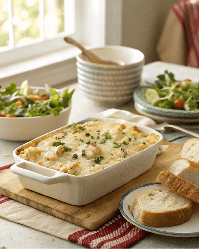 Pairing Creamy Angel Chicken Rice Casserole with crisp white wine or light beer, perfect for American dinner settings”