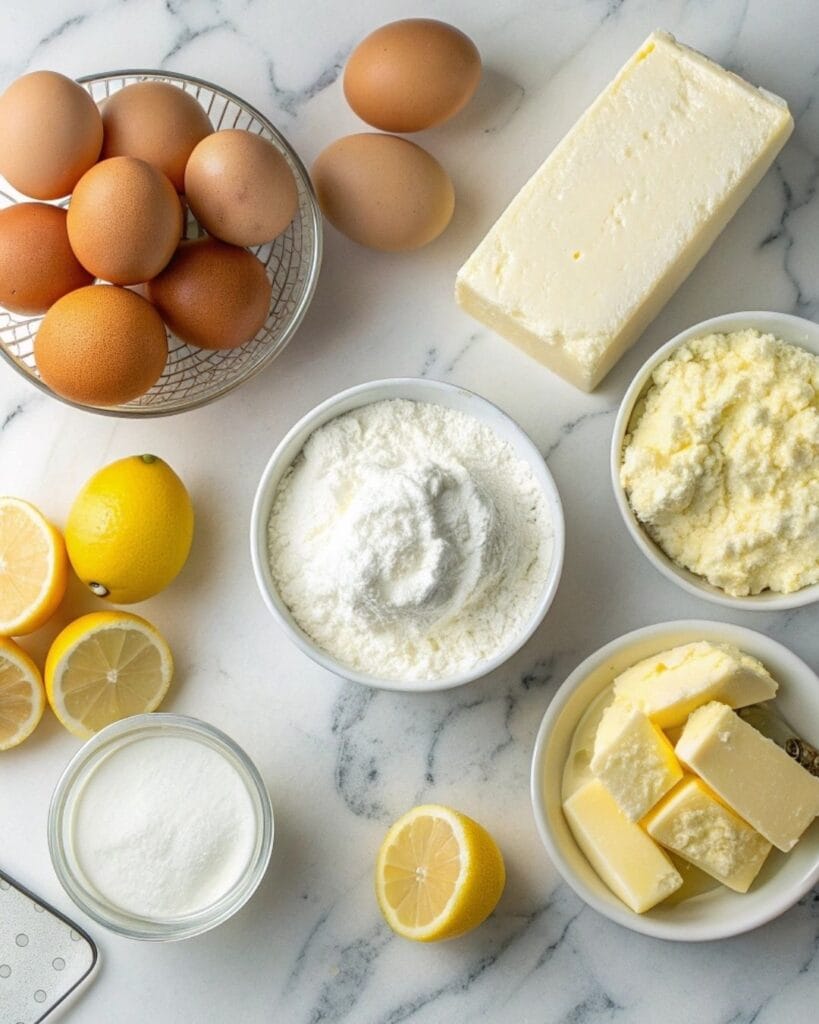 Ingredients for lemon cream cheese dump cake neatly arranged on marble.