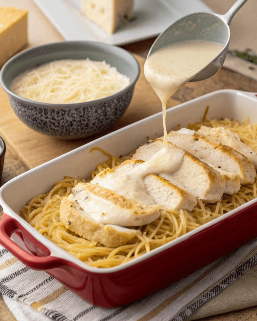Assembling Creamy Angel Chicken Rice Casserole in a baking dish in a US kitchen