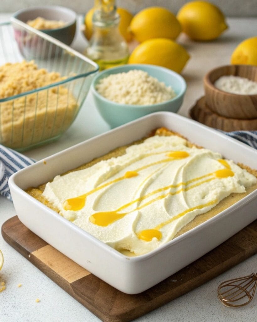 Unbaked lemon cream cheese dump cake in pan with butter drizzle.