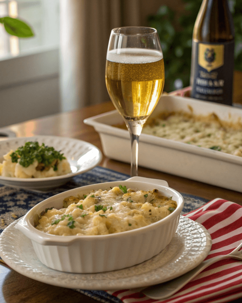 Beverage pairing of Sauvignon Blanc and light beer with Creamy Angel Chicken Rice Casserole in the US