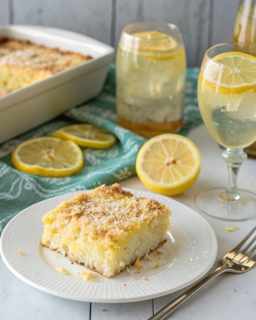 Tangy lemon cream cheese dump cake topped with whipped cream and lemon slices.