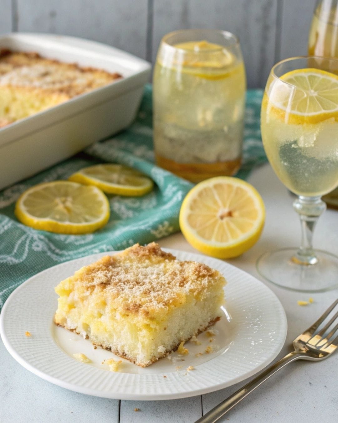 Tangy lemon cream cheese dump cake topped with whipped cream and lemon slices.