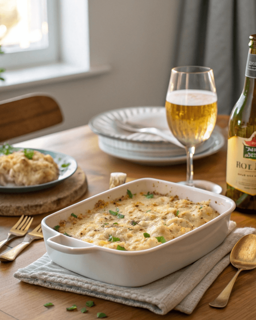 Pairing Creamy Angel Chicken Rice Casserole with crisp white wine or light beer, perfect for American dinner settings”