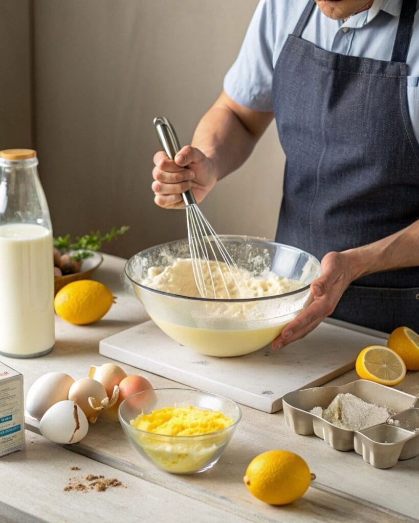 Mixing cream cheese, eggs, and lemon juice for dump cake batter.