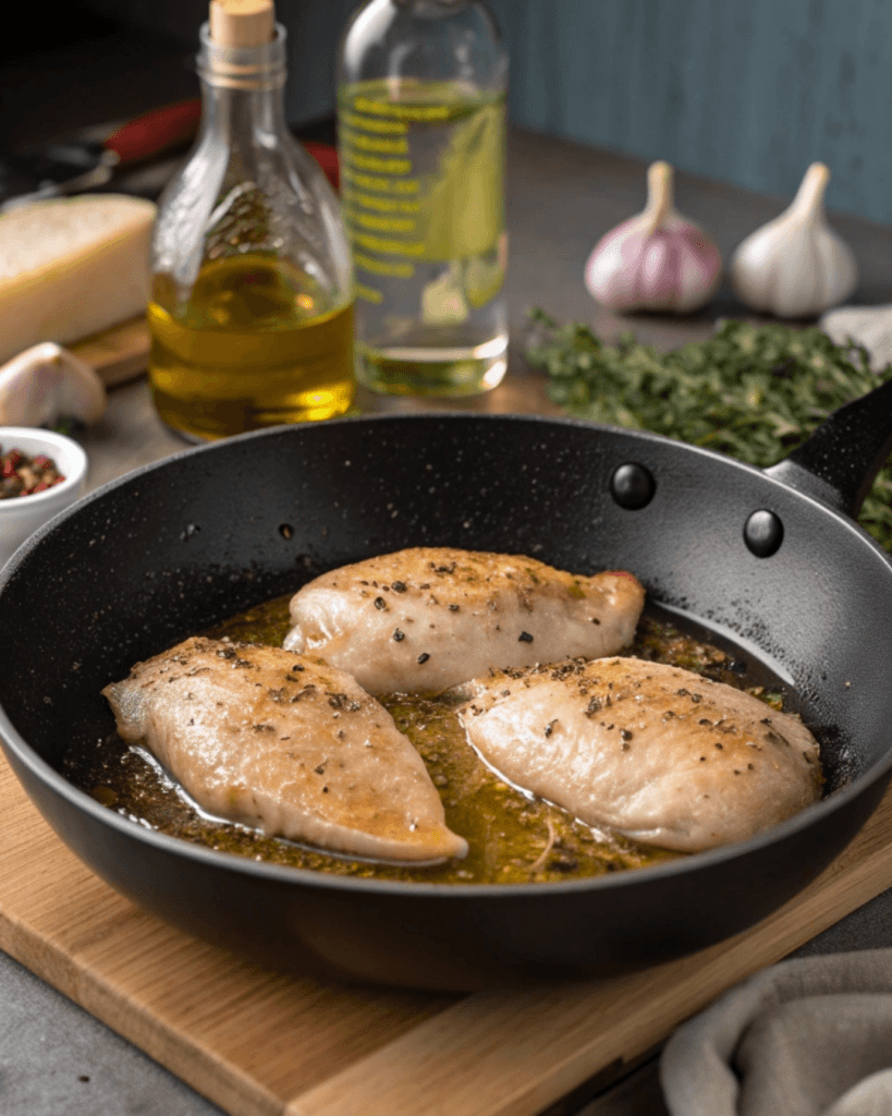 Cooking seasoned chicken breasts in a skillet for Creamy Angel Chicken Rice Casserole in a US kitchen