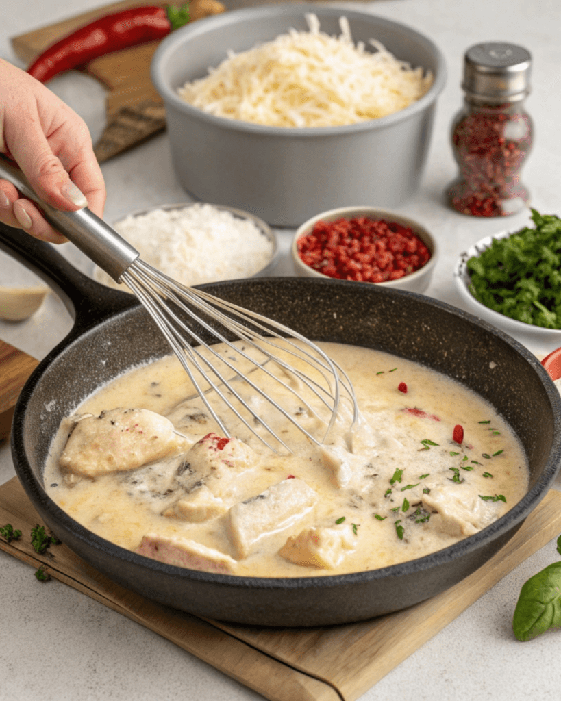 Whisking creamy sauce for Creamy Angel Chicken Rice Casserole in a US kitchen