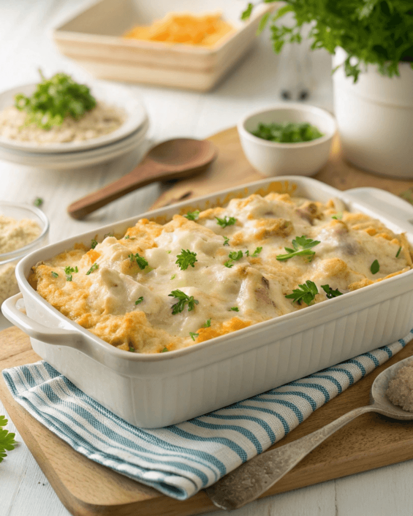 Creamy Angel Chicken Rice Casserole served with salad and bread on a US-style dining table