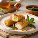golden fried feta rolls drizzled with chili honey