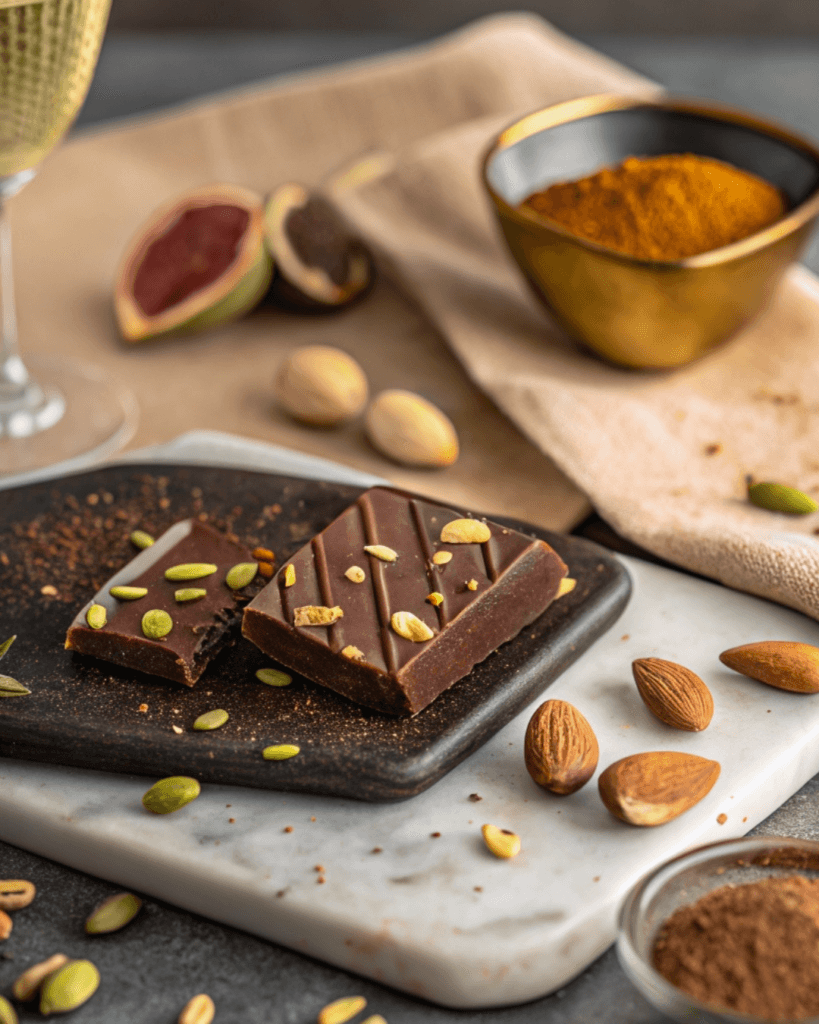Dark chocolate melting in a glass bowl over simmering water, with butter and vanilla being gently stirred in.