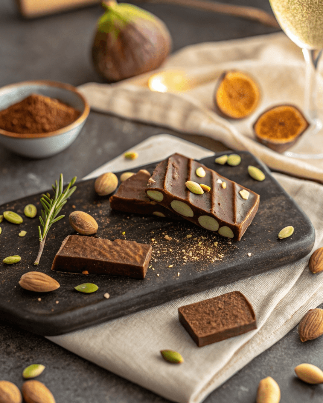 Flat lay of high-quality dark chocolate, roasted pistachios, white chocolate, honey, sea salt, butter, and edible gold flakes arranged on a rustic kitchen counter.